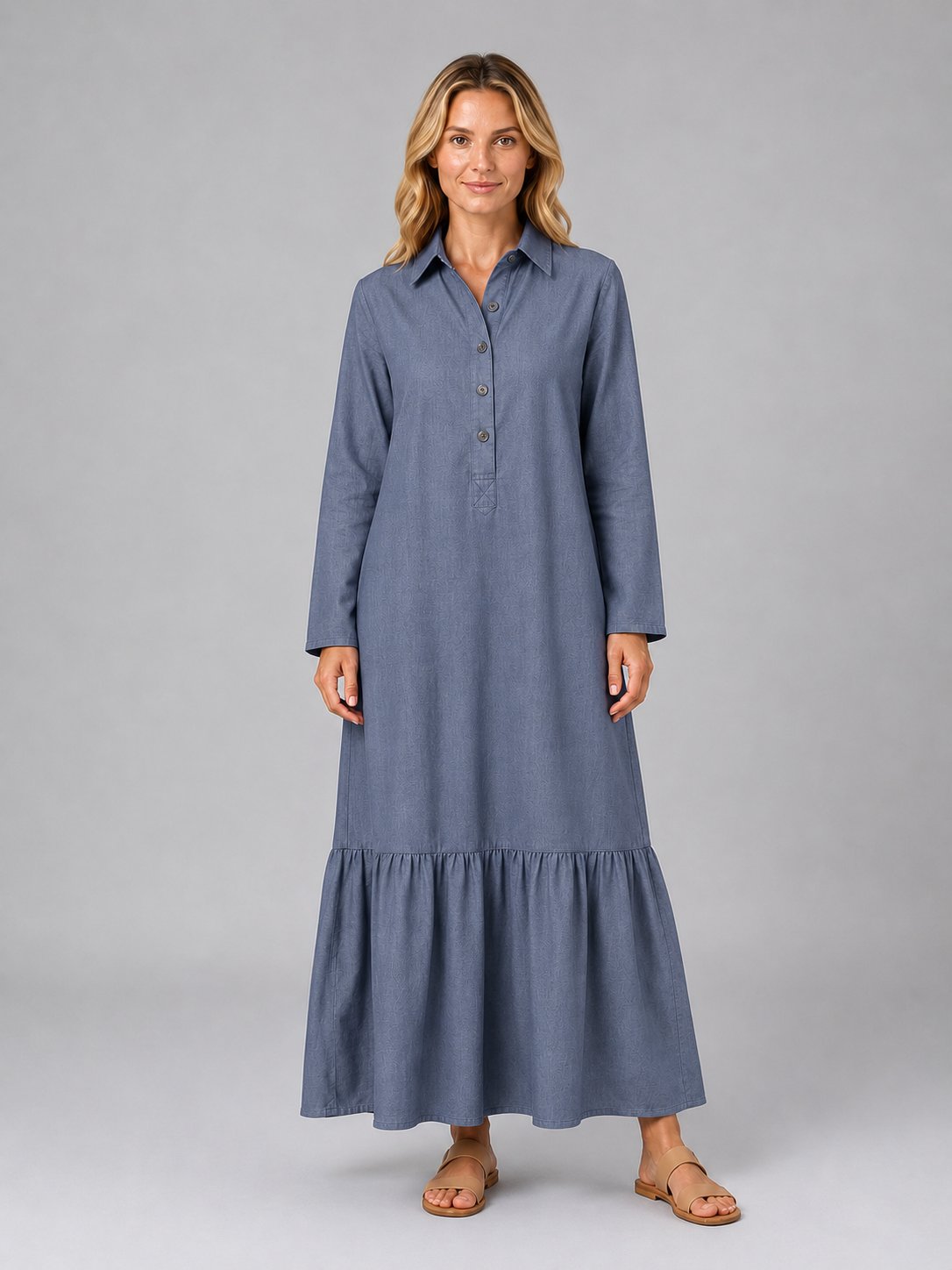 Women's Long Sleeve Maxi Shirt Dress - Blue