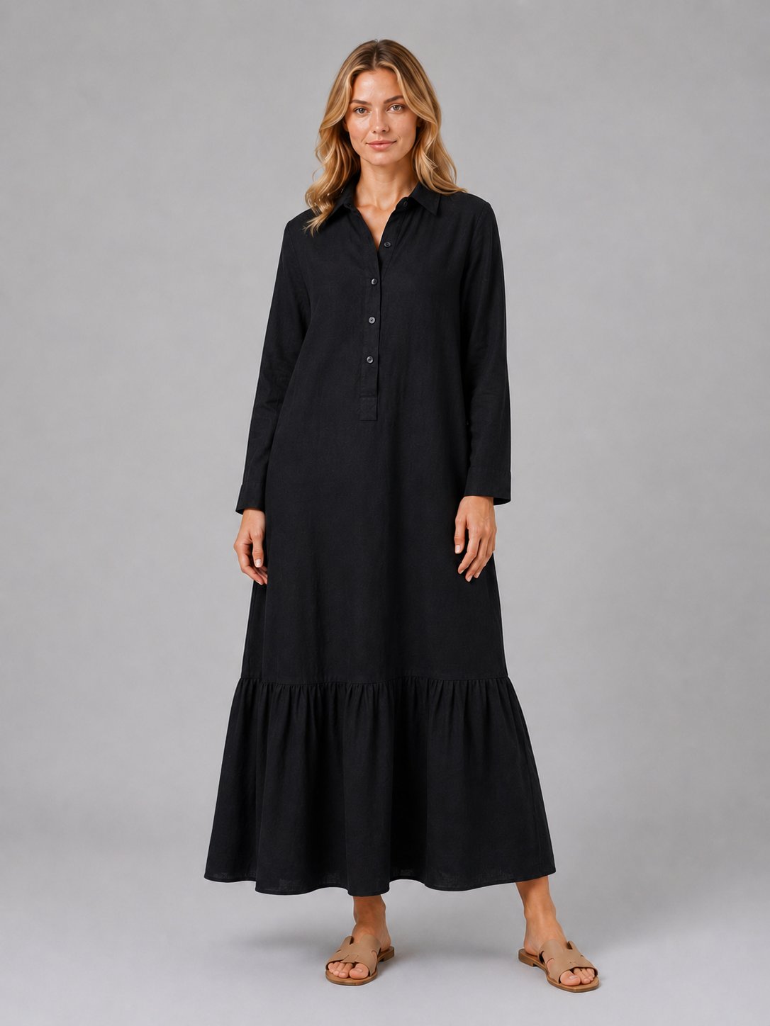 Women's Long Sleeve Maxi Shirt Dress - Black