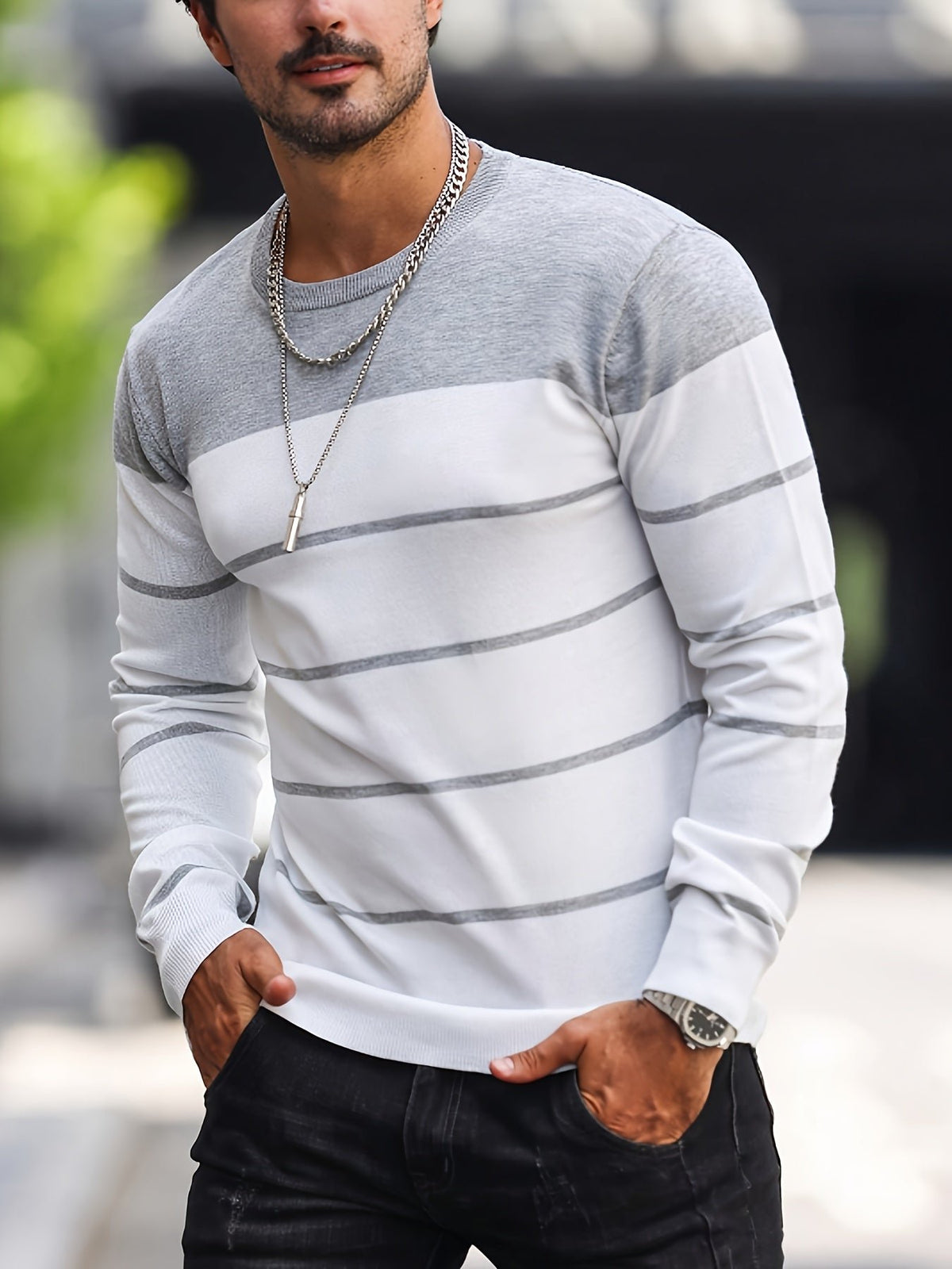 Men's Striped Knit Crew Neck Jumper - Light Grey