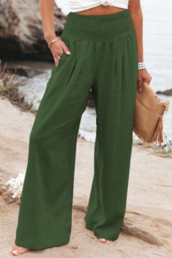 Women's High-Waisted Wide-Leg Palazzo Trousers - Army Green