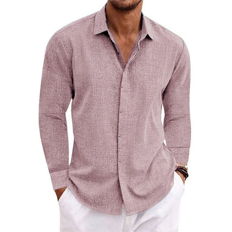 Men's Long Sleeve Linen-Cotton Button-Up Shirt - Pink