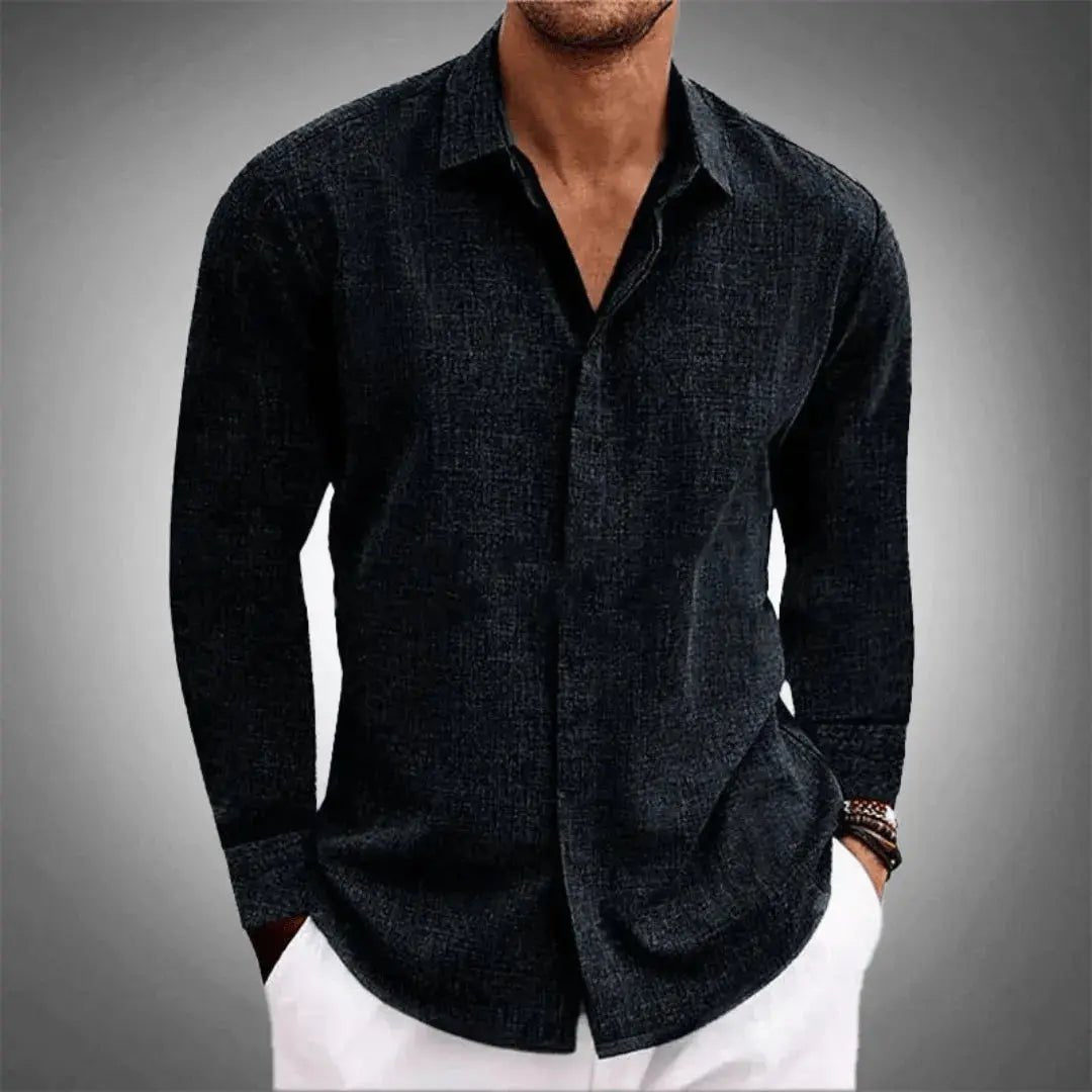 Men's Long Sleeve Linen-Cotton Button-Up Shirt - Black