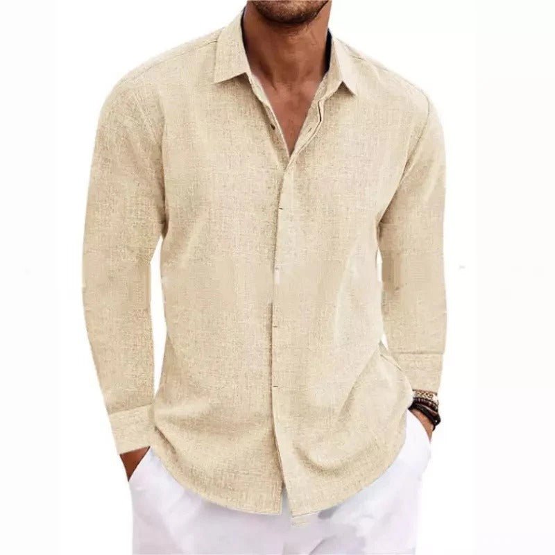Men's Long Sleeve Linen-Cotton Button-Up Shirt - Khaki