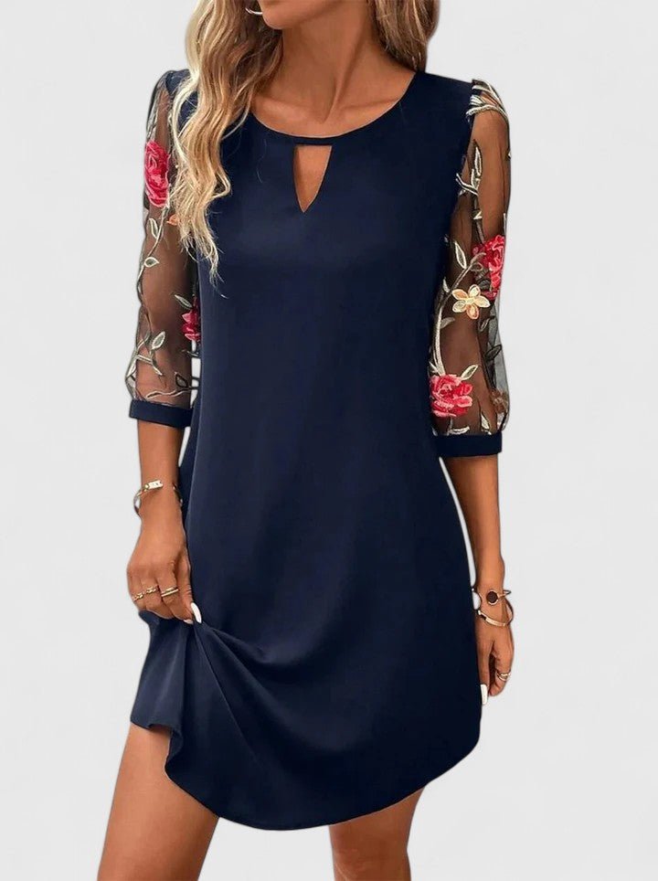 Women's Black Floral Mini Dress - Navy Blue