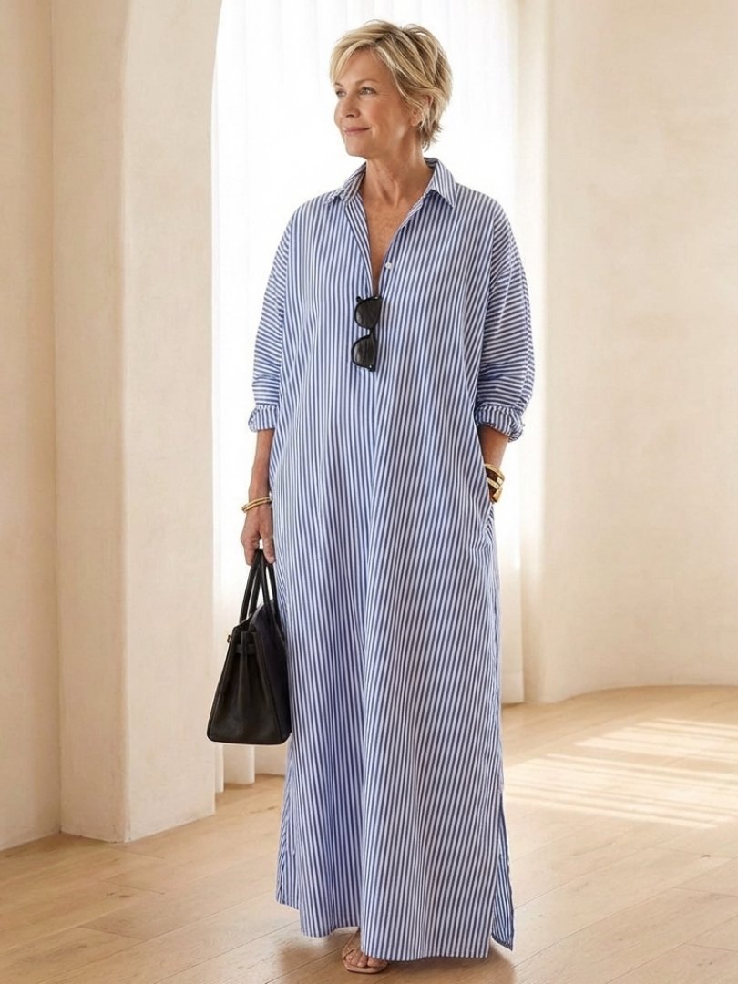 Women's Long Sleeve Striped Maxi Shirt Dress - Sky blue