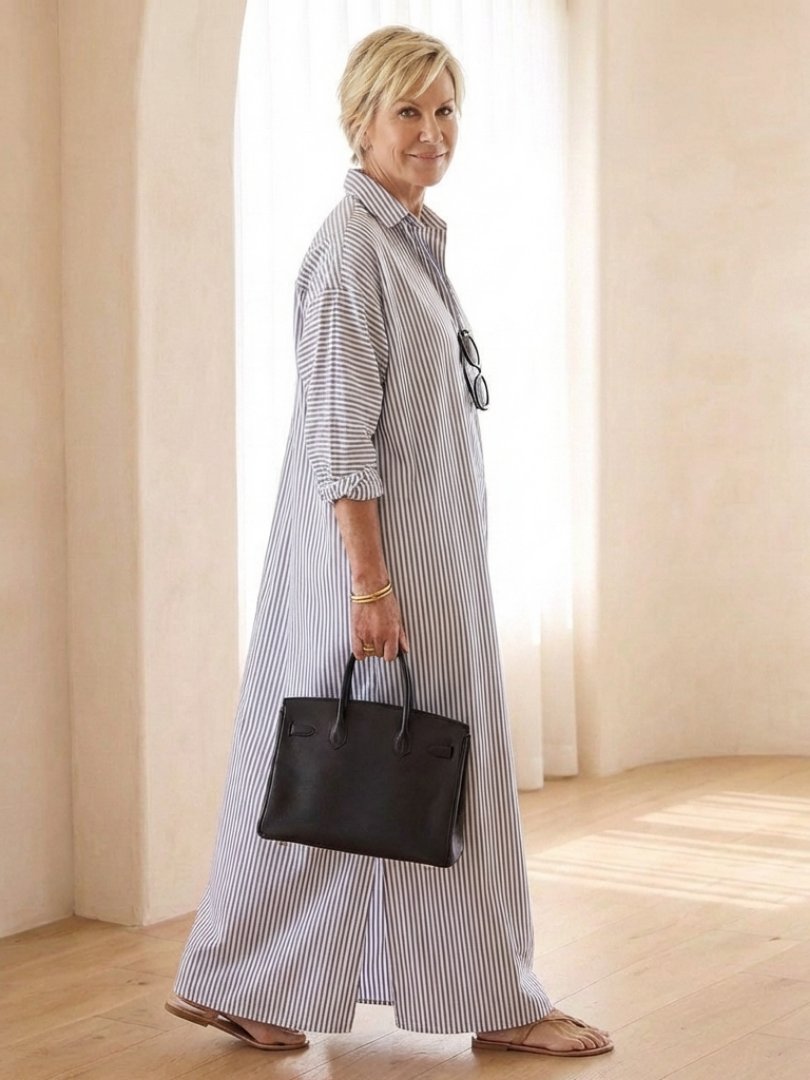 Women's Long Sleeve Striped Maxi Shirt Dress