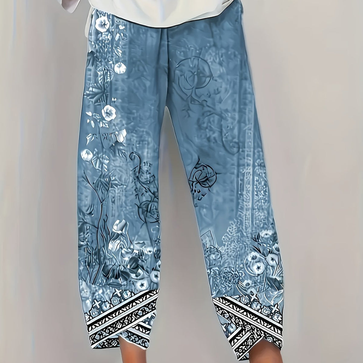 Women's Floral Wide-Leg Trousers - Blue Retro
