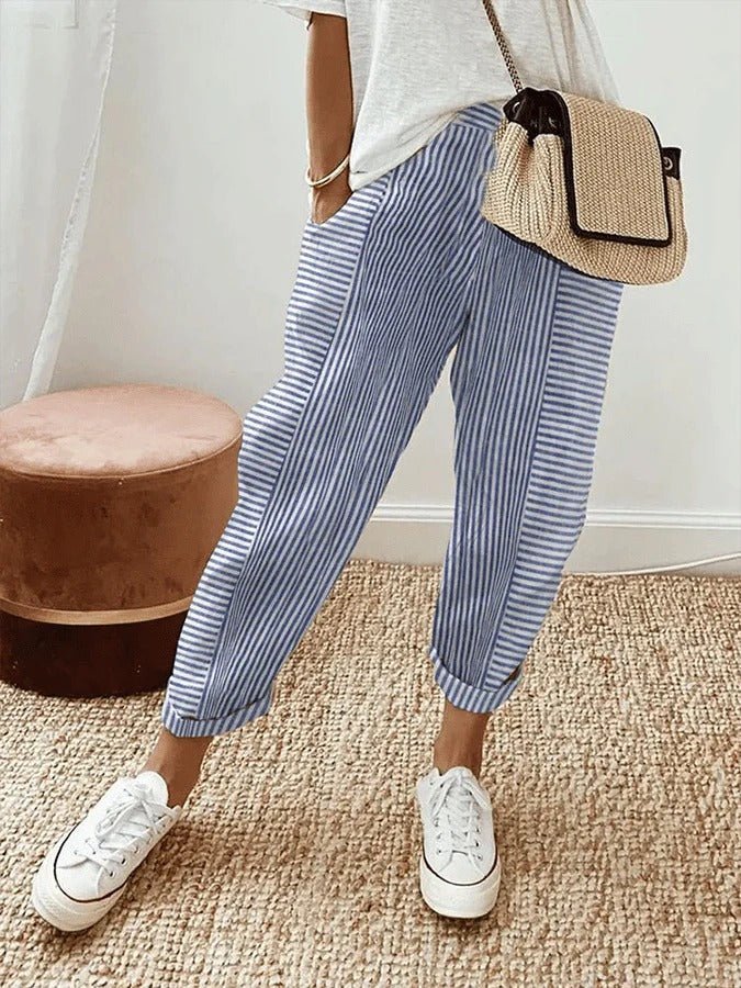 Women's Striped Cropped Trousers - Blue