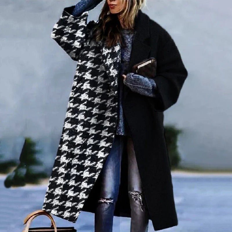 Women's Plaid Oversized Wool Coat - Black