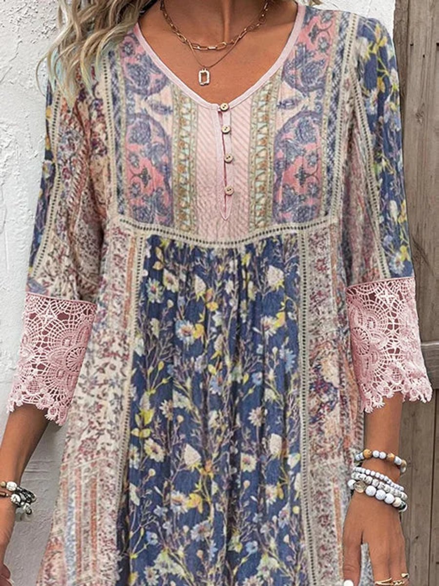 Women's Floral V-Neck Midi Party Dress