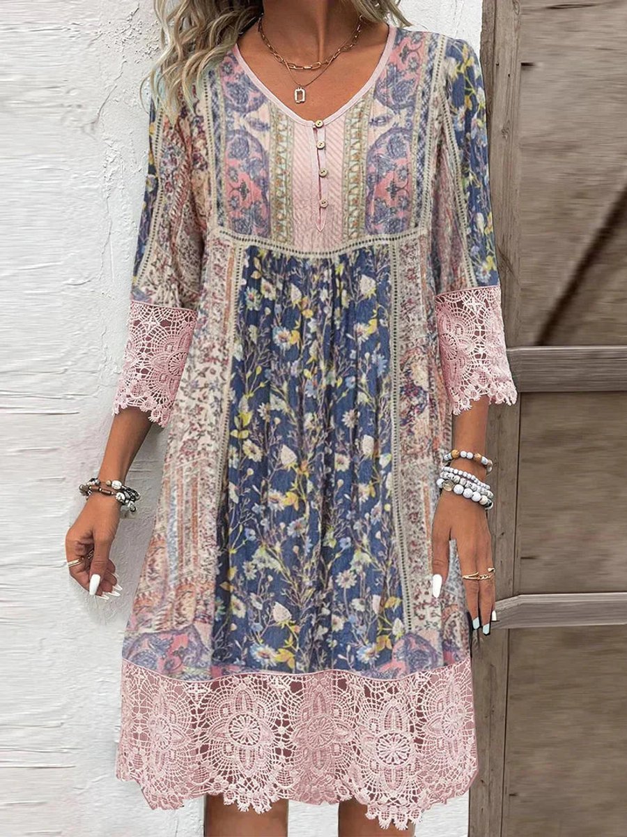 Women's Floral V-Neck Midi Party Dress - Pink