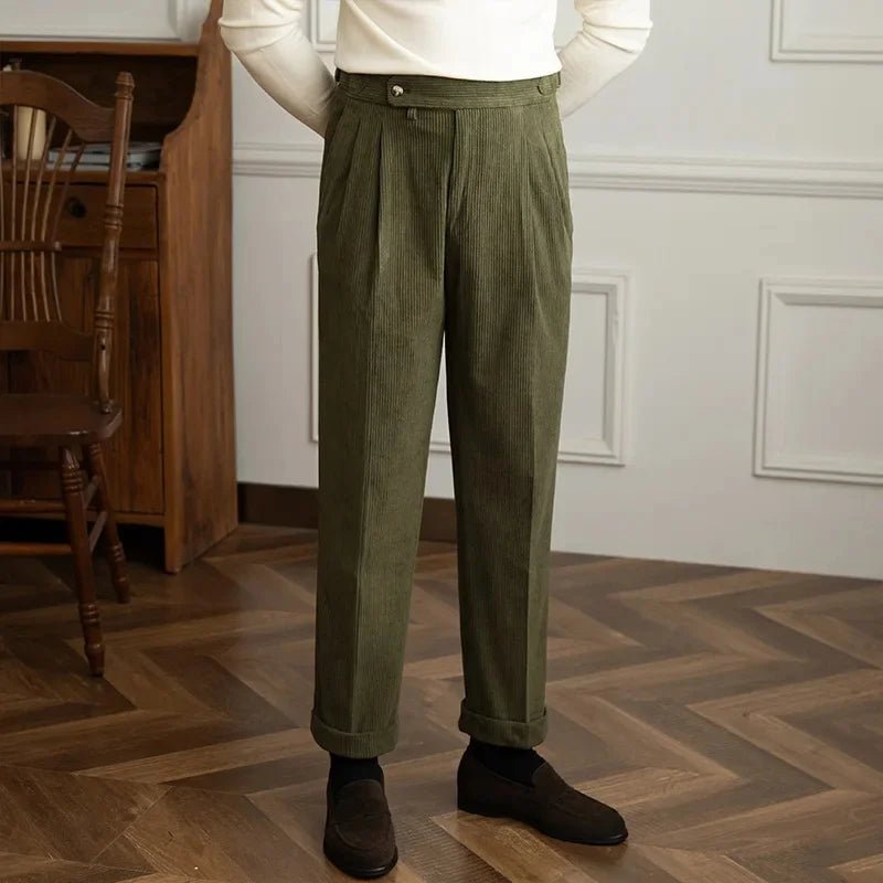 Men's High-Waisted Pleated Corduroy Trousers
