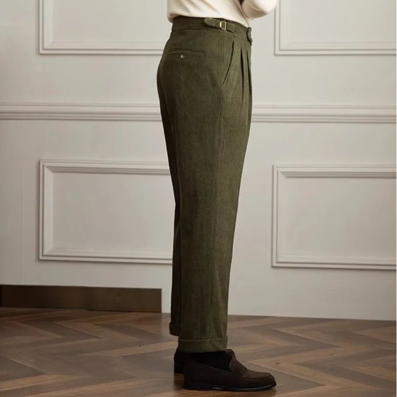 Men's High-Waisted Pleated Corduroy Trousers