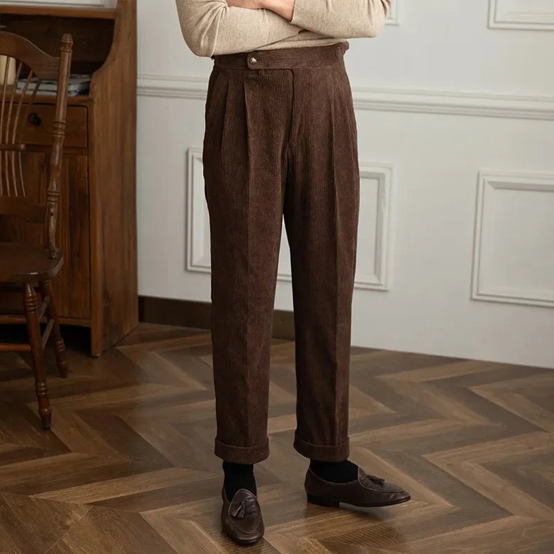 Men's High-Waisted Pleated Corduroy Trousers