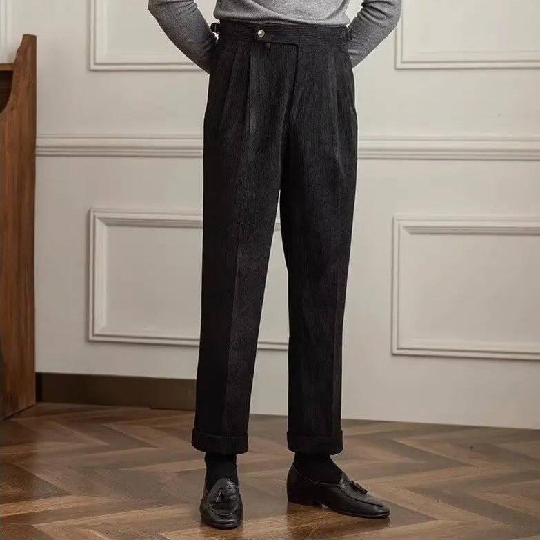 Men's High-Waisted Pleated Corduroy Trousers