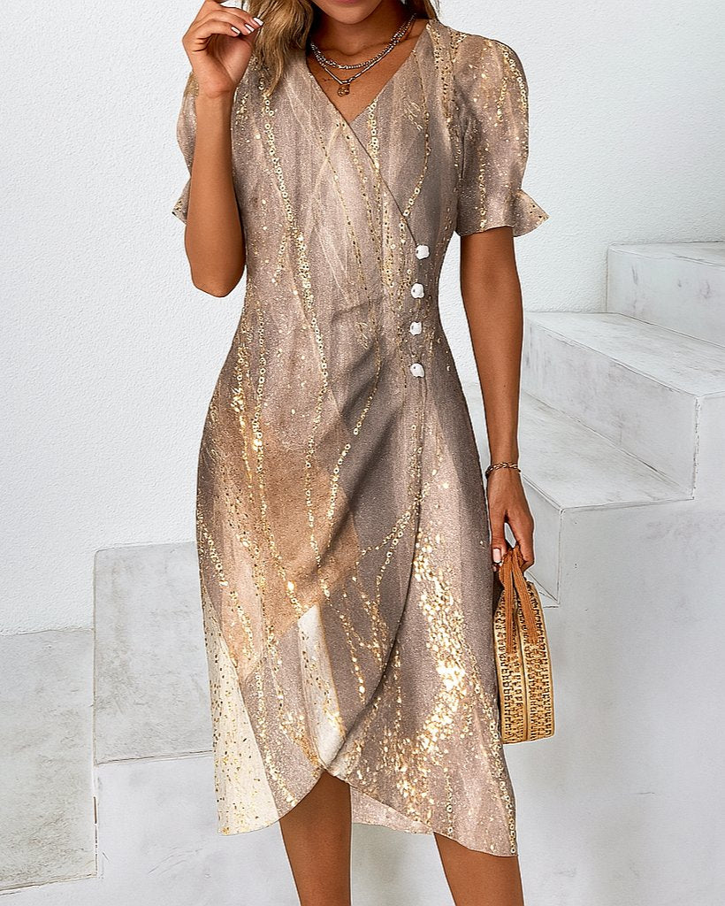 Women's Black Floral Midi V-Neck Wrap Dress - Gold