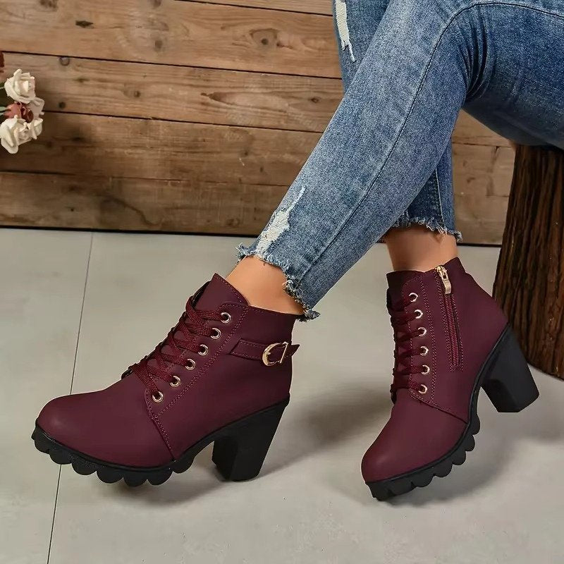 Women's Lace-Up Ankle Boots - Wine Red