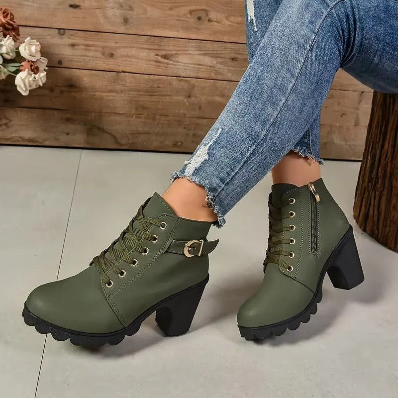 Women's Lace-Up Ankle Boots - Army Green