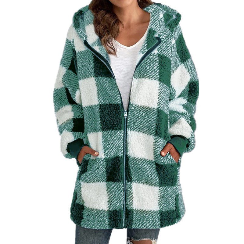 Women's Plaid Oversized Fleece Jacket - Light green