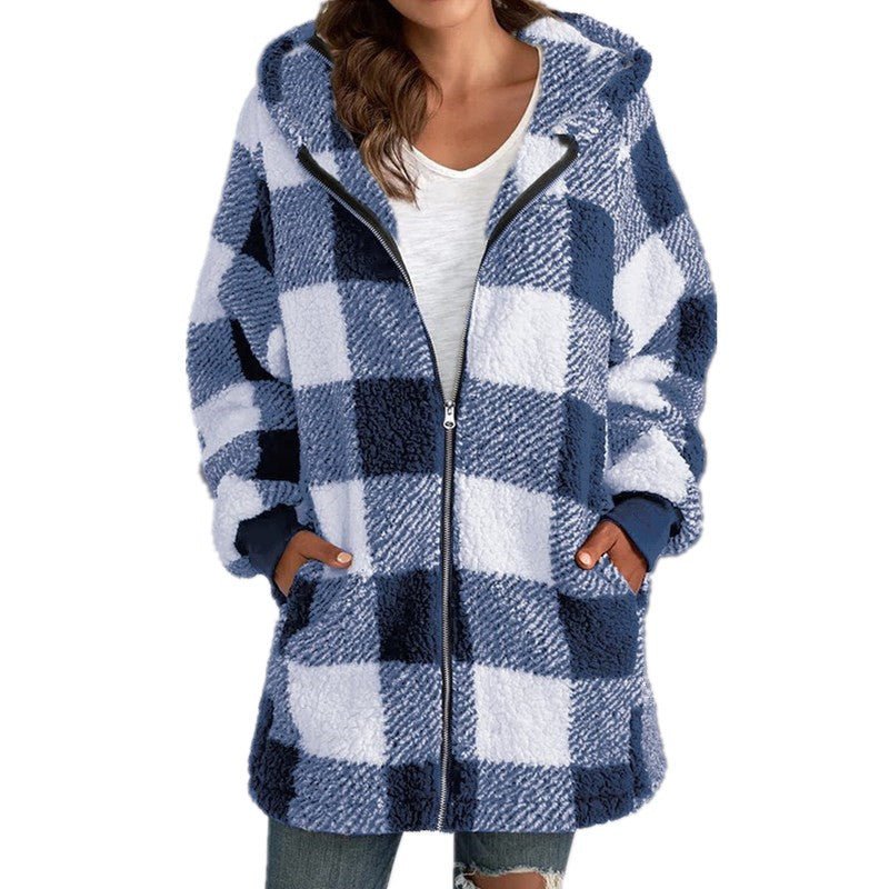 Women's Plaid Oversized Fleece Jacket - Blue