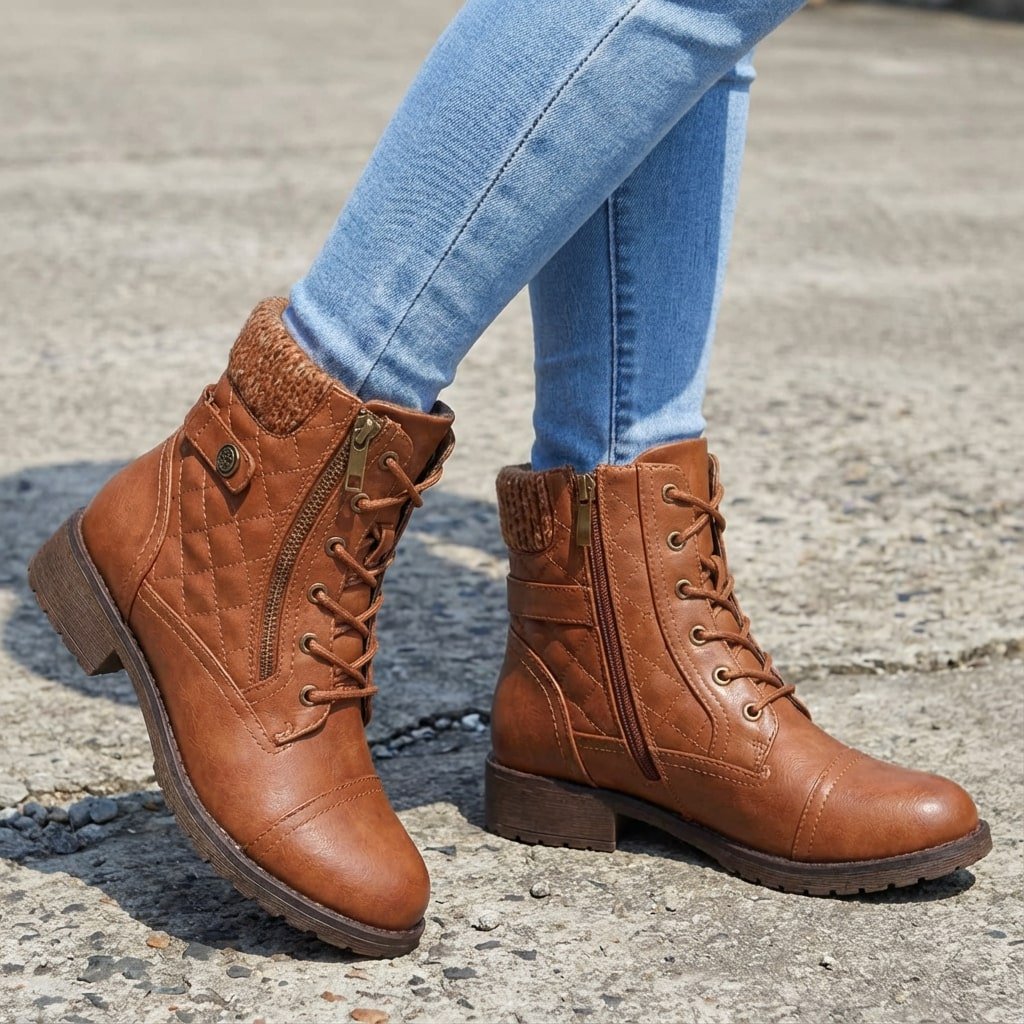 Women's Quilted Faux Leather Ankle Boots - Brown