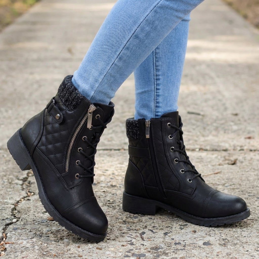 Women's Quilted Faux Leather Ankle Boots - Black