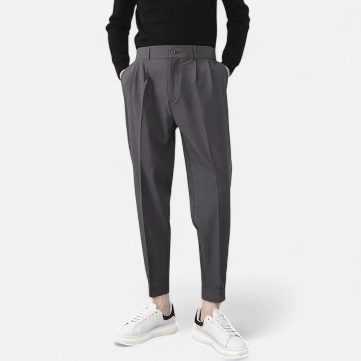 Men's Pleated Cropped Trousers - Dark Grey