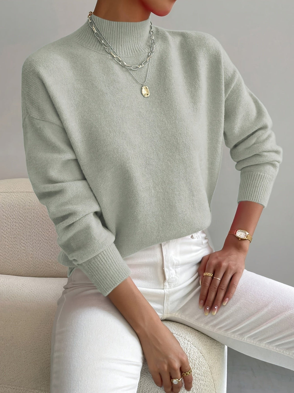 Women's Oversized Funnel Neck Jumper - Light Green