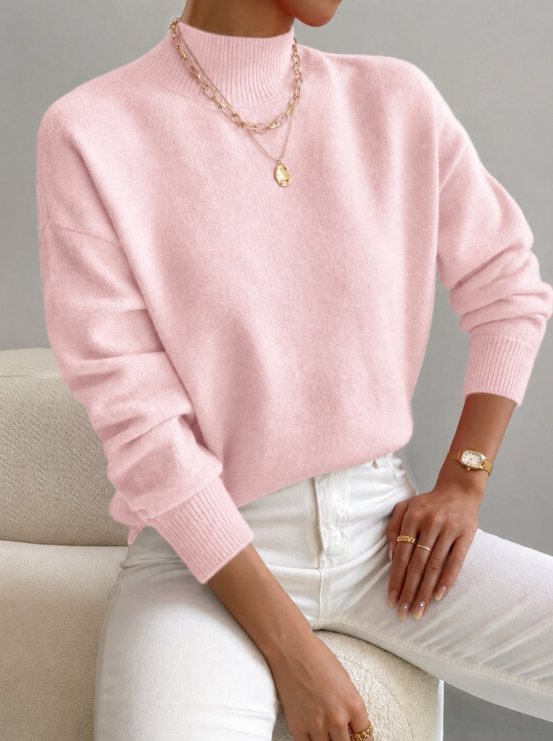 Women's Oversized Funnel Neck Jumper - Light Pink