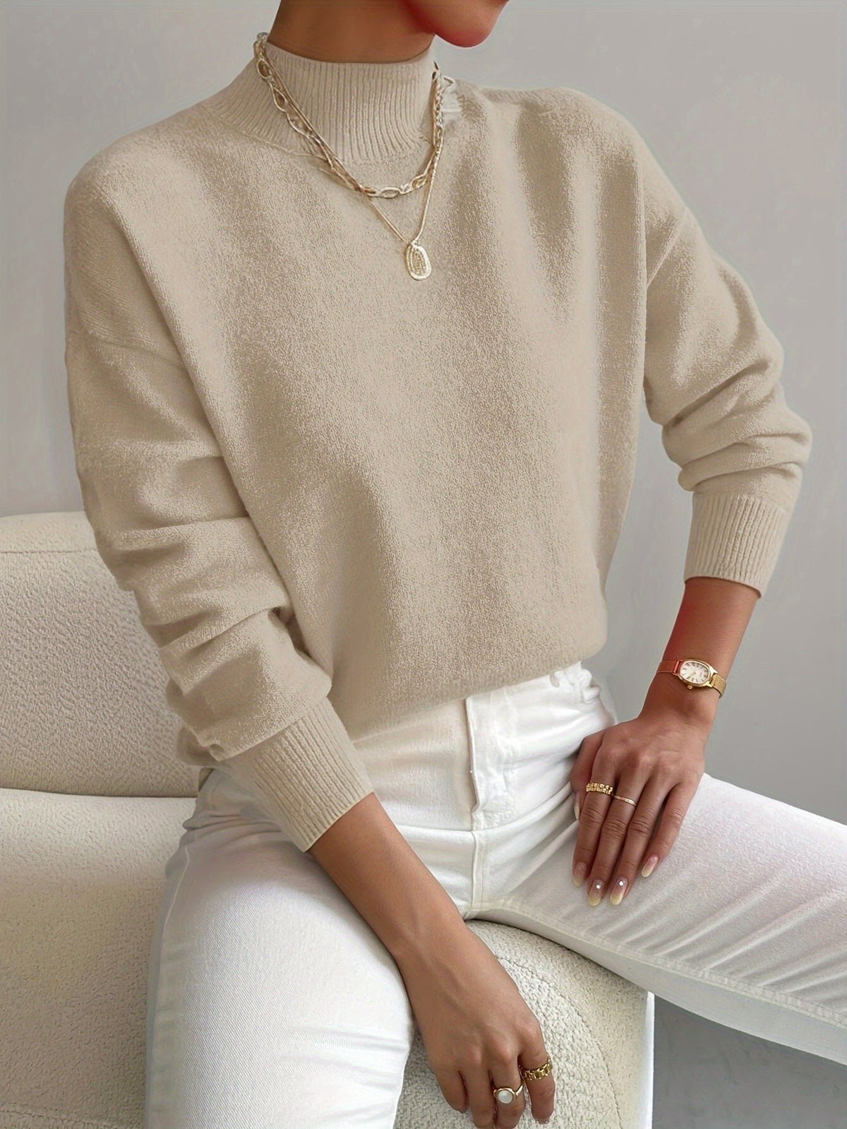 Women's Oversized Funnel Neck Jumper - Beige