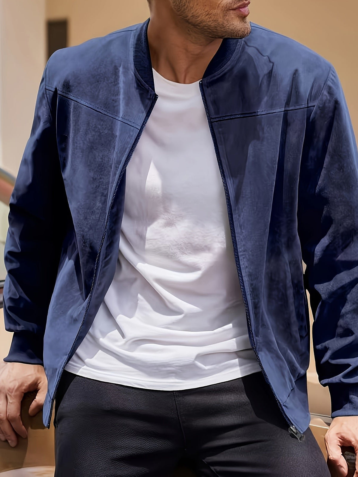 Men's Suede Bomber Jacket - Navy