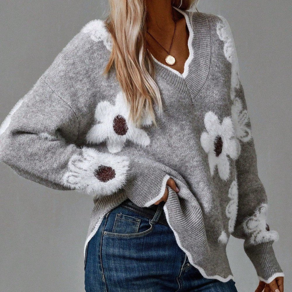 Women's Floral V-Neck Wool Jumper - Gray