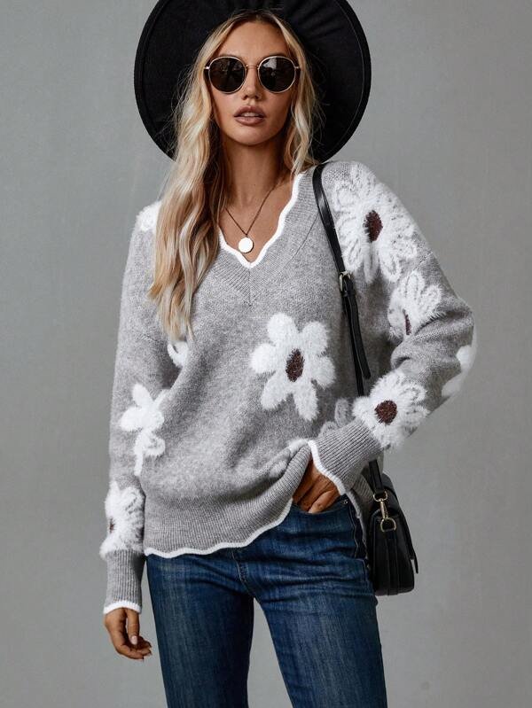 Women's Floral V-Neck Wool Jumper