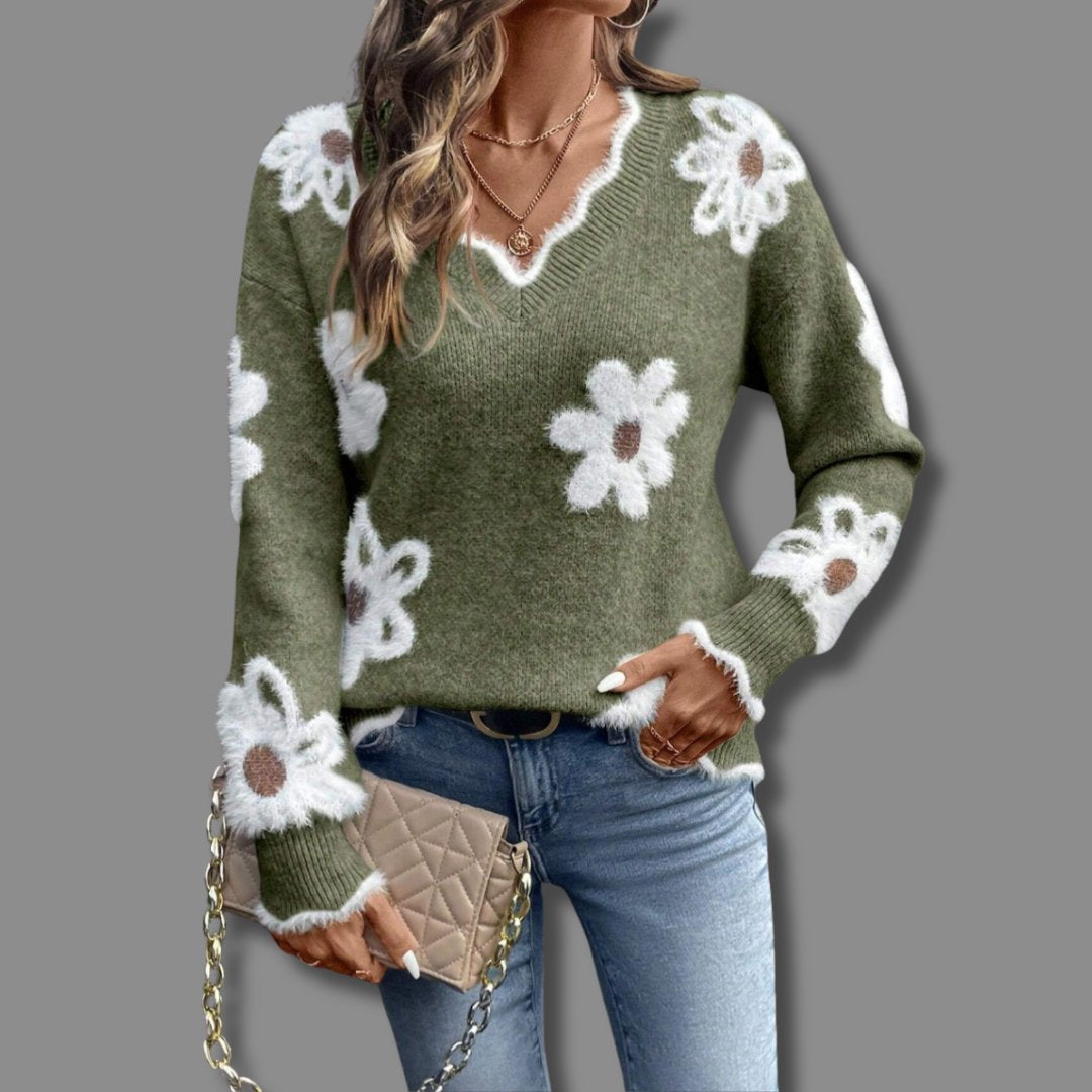 Women's Floral V-Neck Wool Jumper - Green