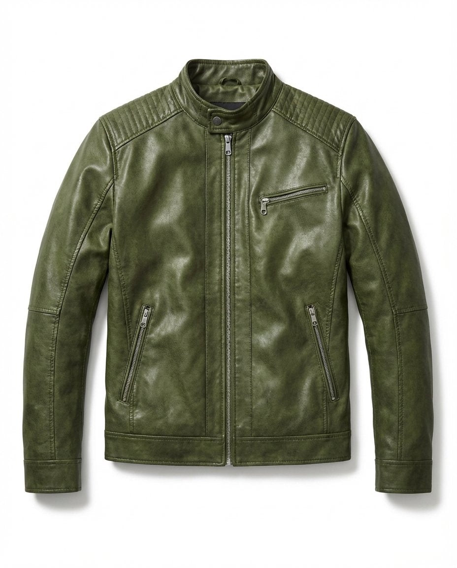 Men's Quilted Faux Leather Moto Jacket - Olive