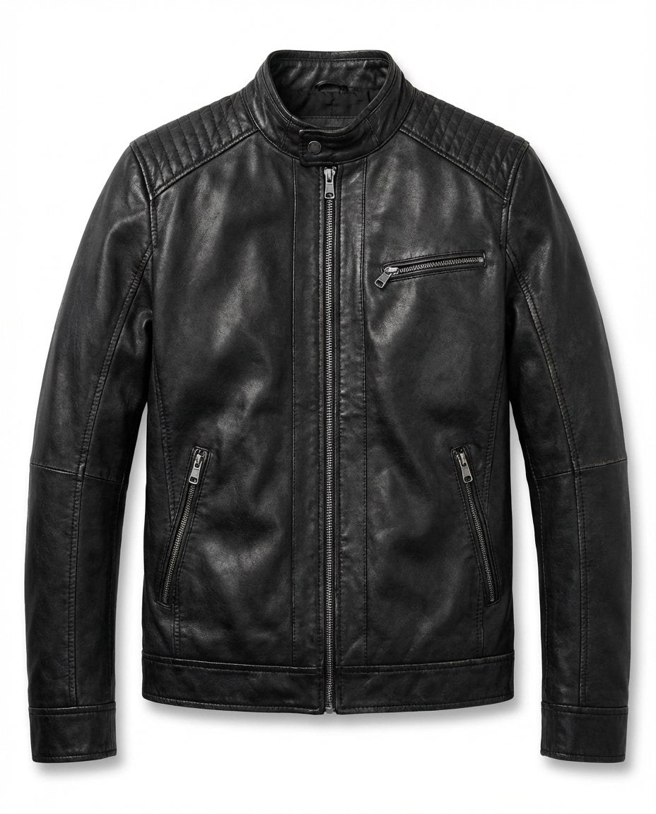Men's Quilted Faux Leather Moto Jacket - Black