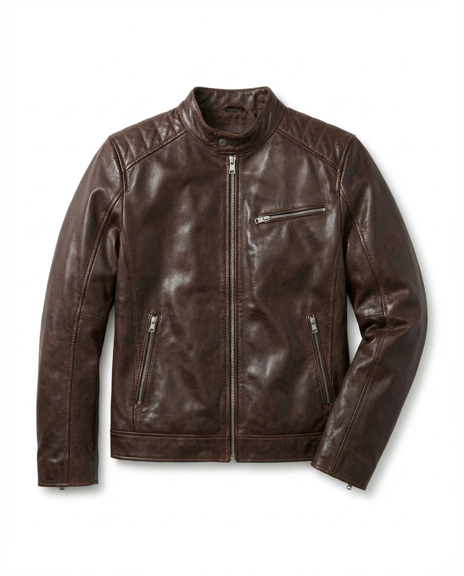 Men's Quilted Faux Leather Moto Jacket - Dark Brown