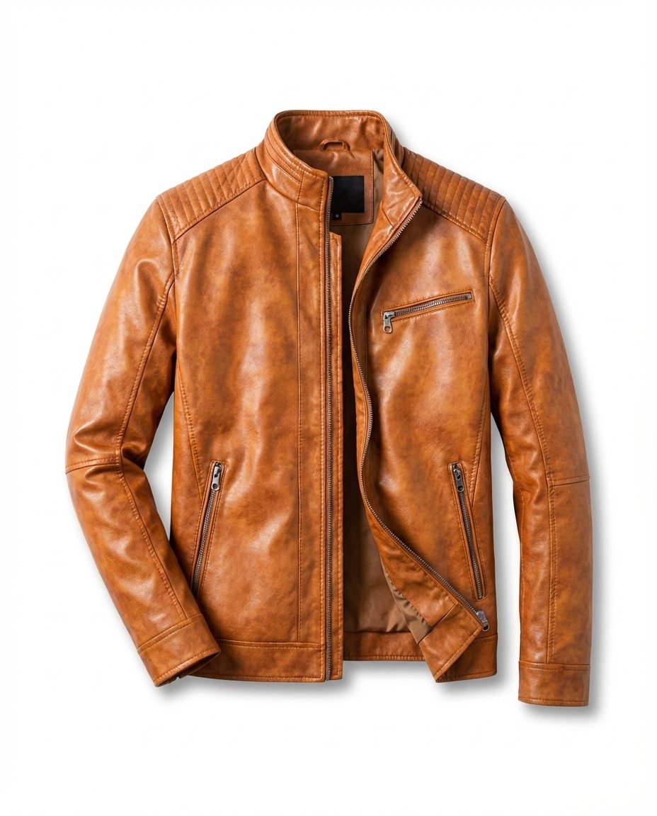 Men's Quilted Faux Leather Moto Jacket - Brown