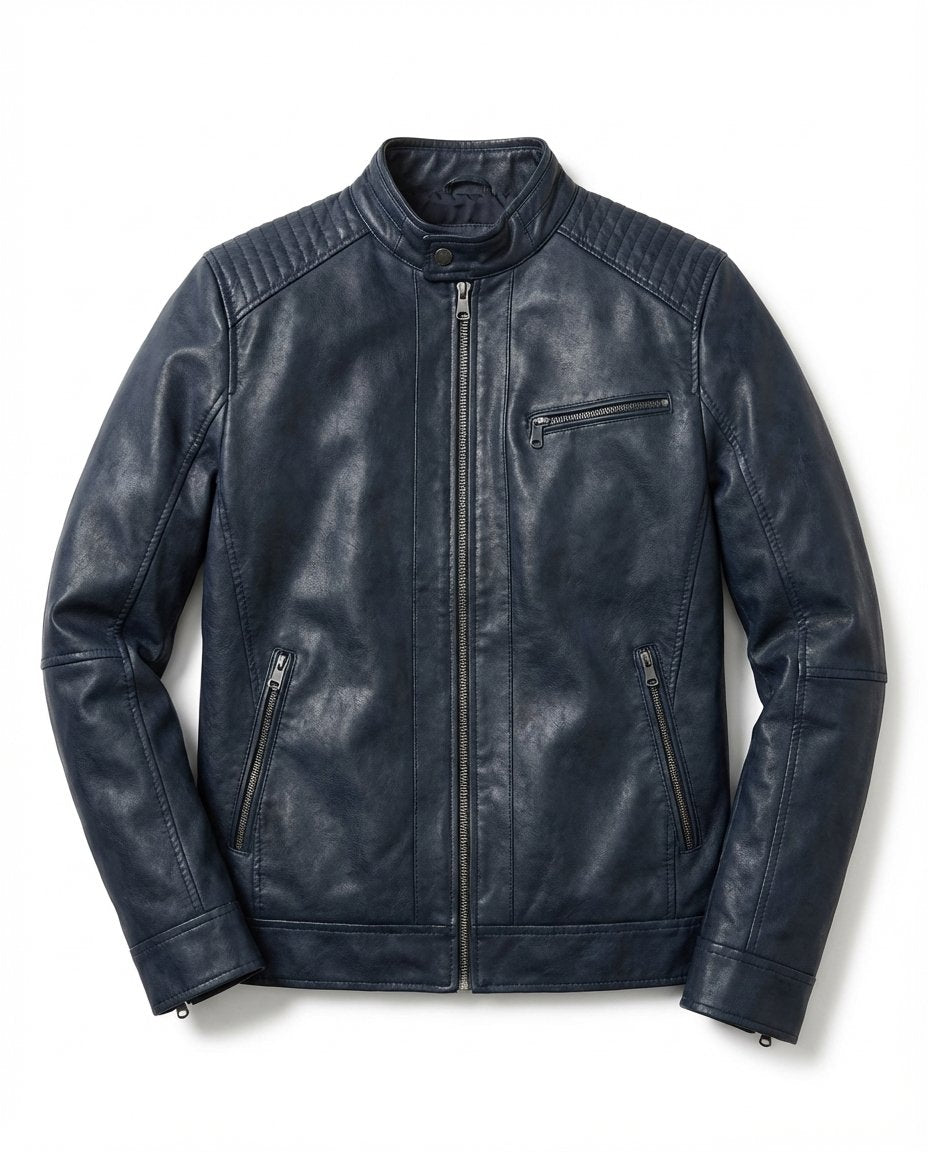 Men's Quilted Faux Leather Moto Jacket - Navy Blue