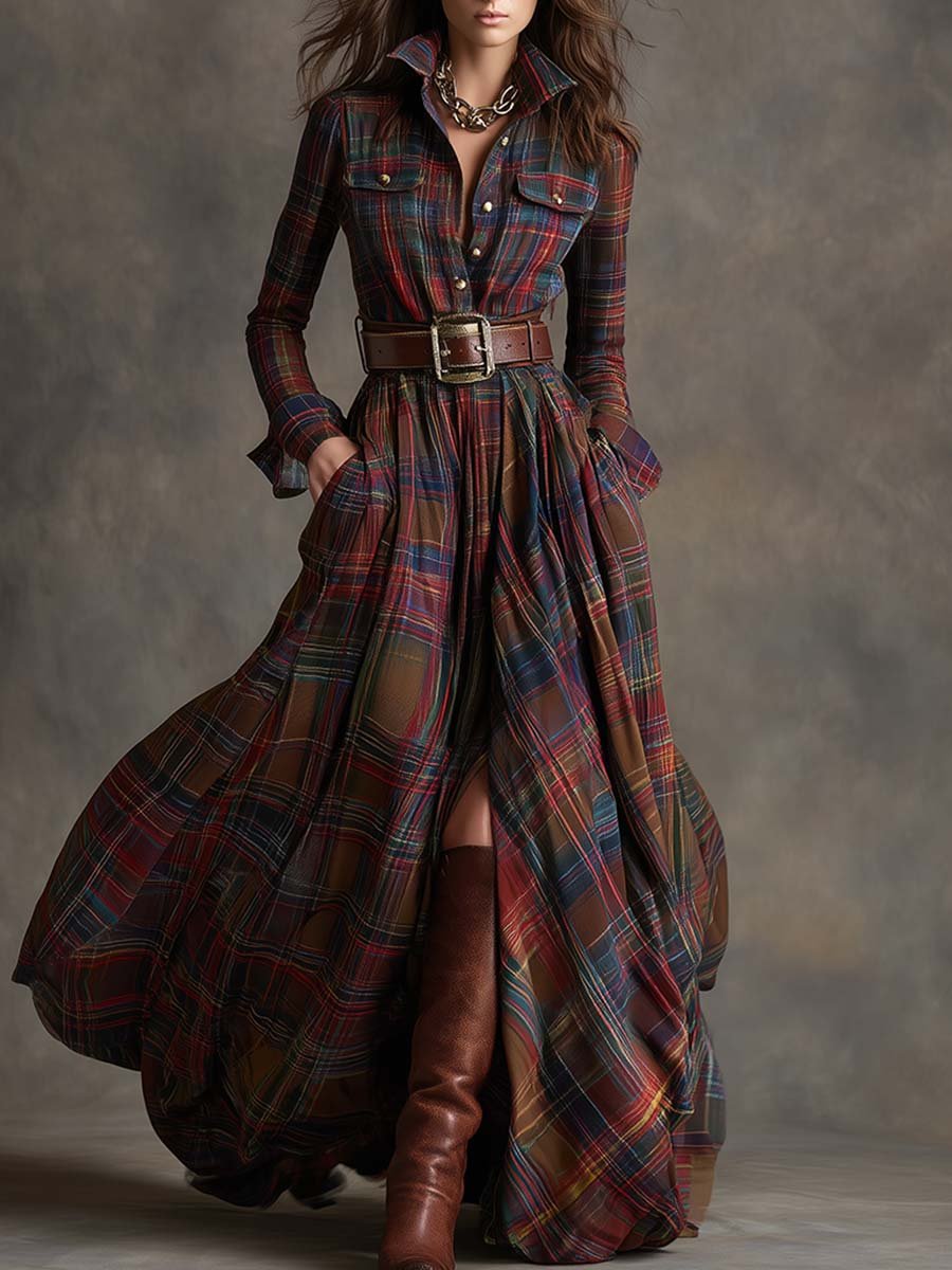 Women's Long Sleeve Plaid Maxi Shirt Dress - Dark Brown