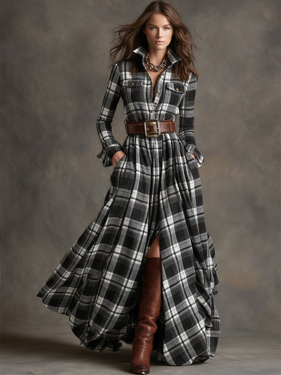 Women's Long Sleeve Plaid Maxi Shirt Dress