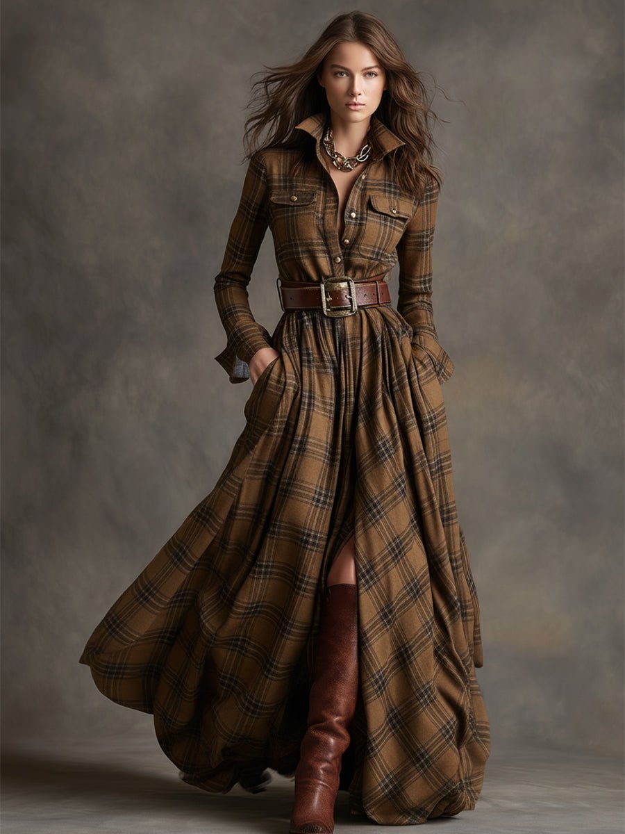 Women's Long Sleeve Plaid Maxi Shirt Dress