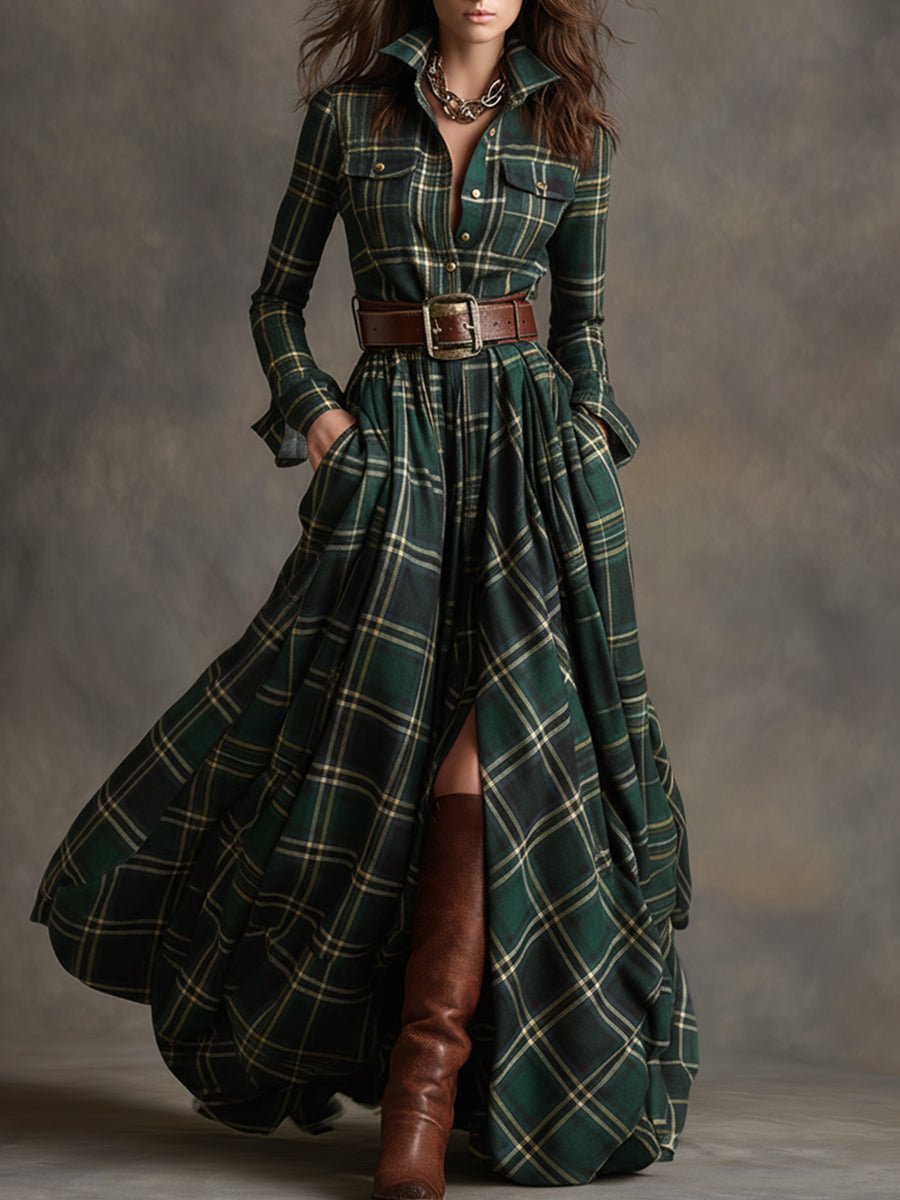 Women's Long Sleeve Plaid Maxi Shirt Dress - Green