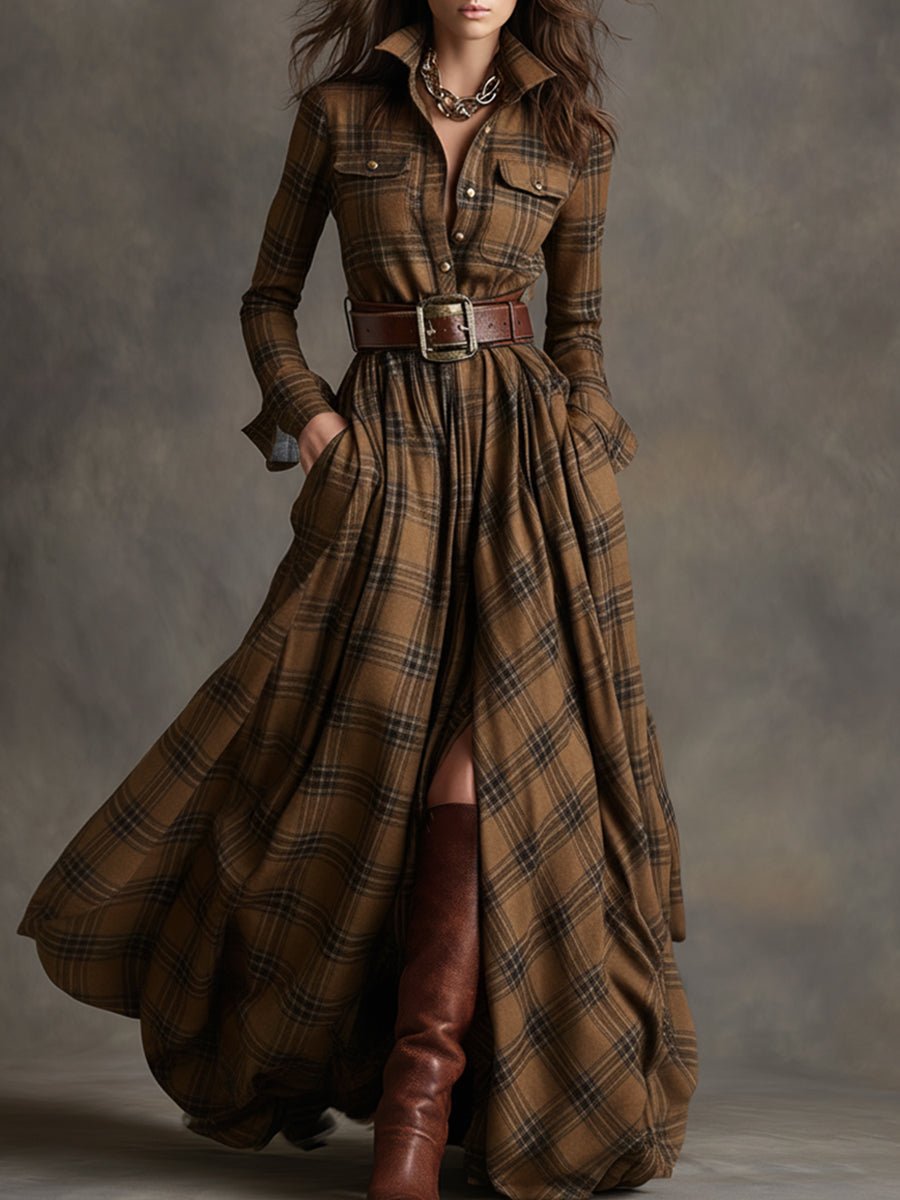 Women's Long Sleeve Plaid Maxi Shirt Dress - Brown