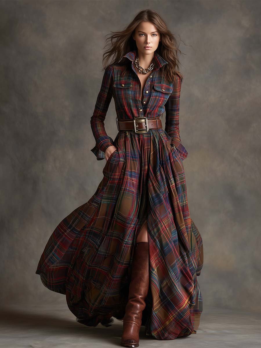 Women's Long Sleeve Plaid Maxi Shirt Dress