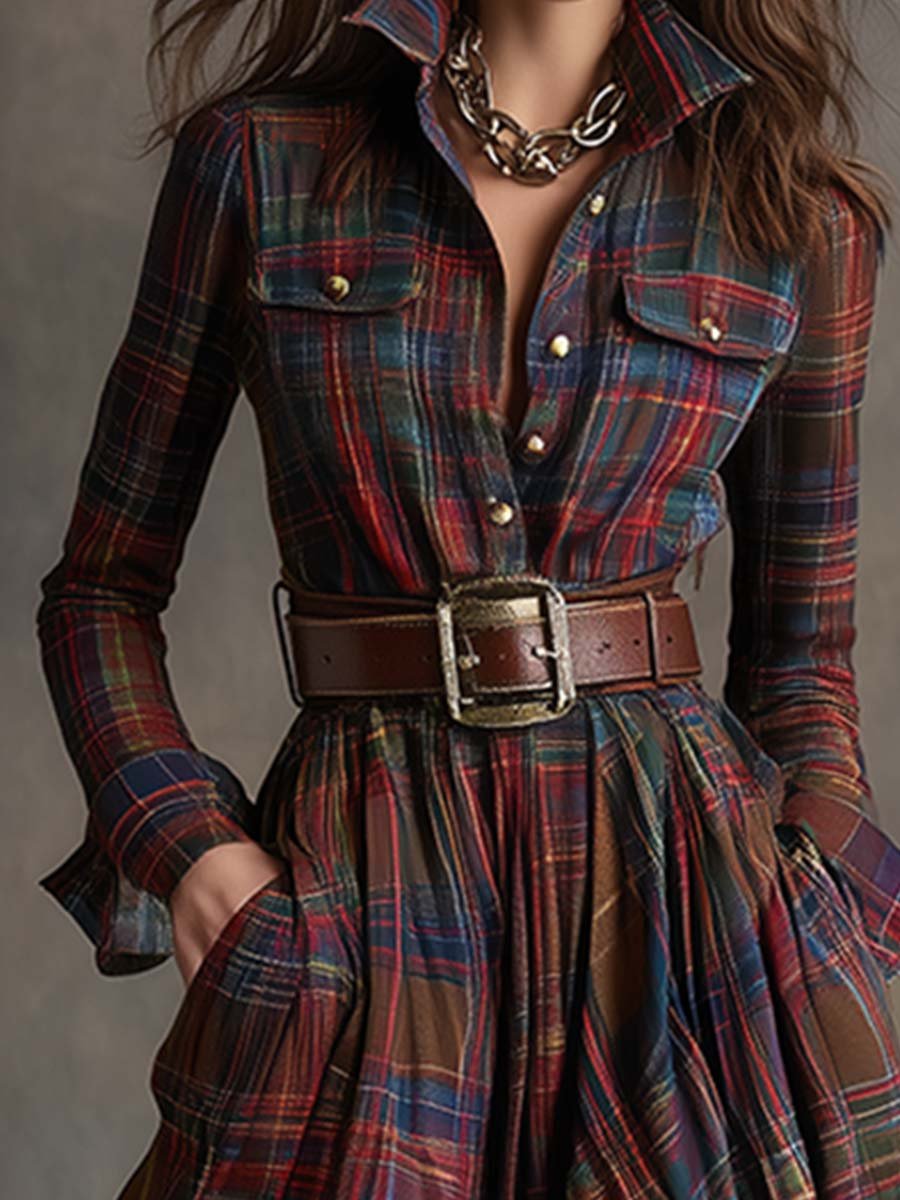 Women's Long Sleeve Plaid Maxi Shirt Dress