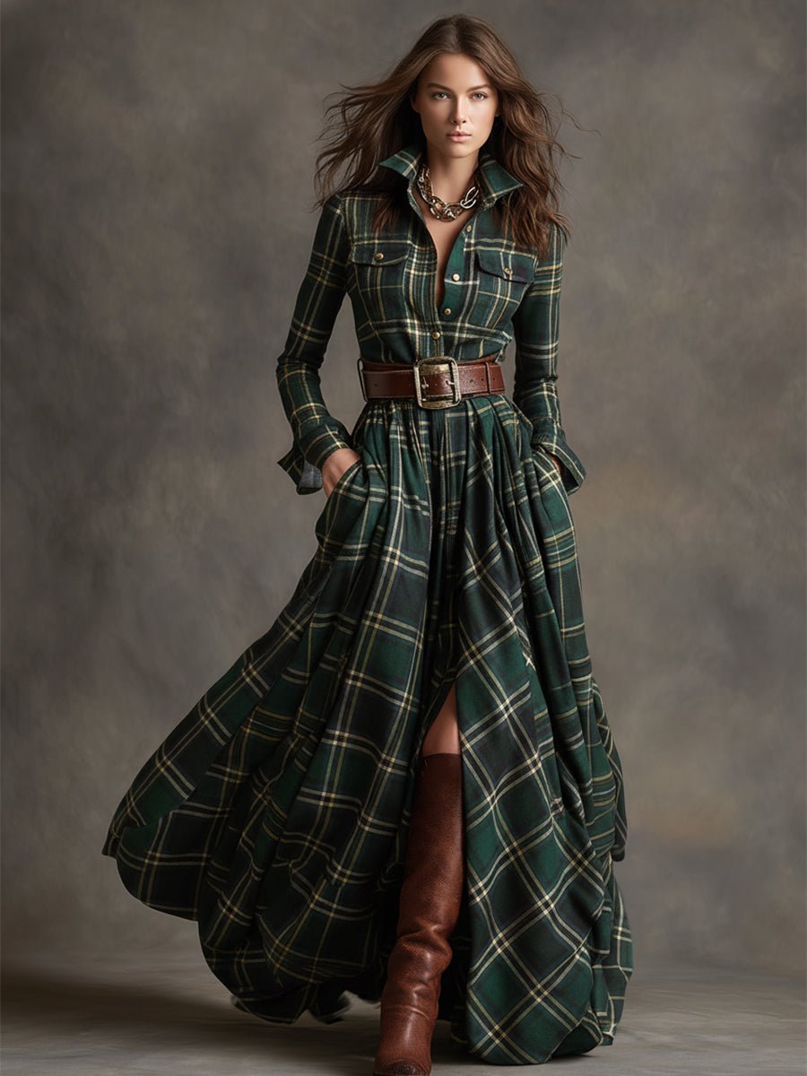 Women's Long Sleeve Plaid Maxi Shirt Dress