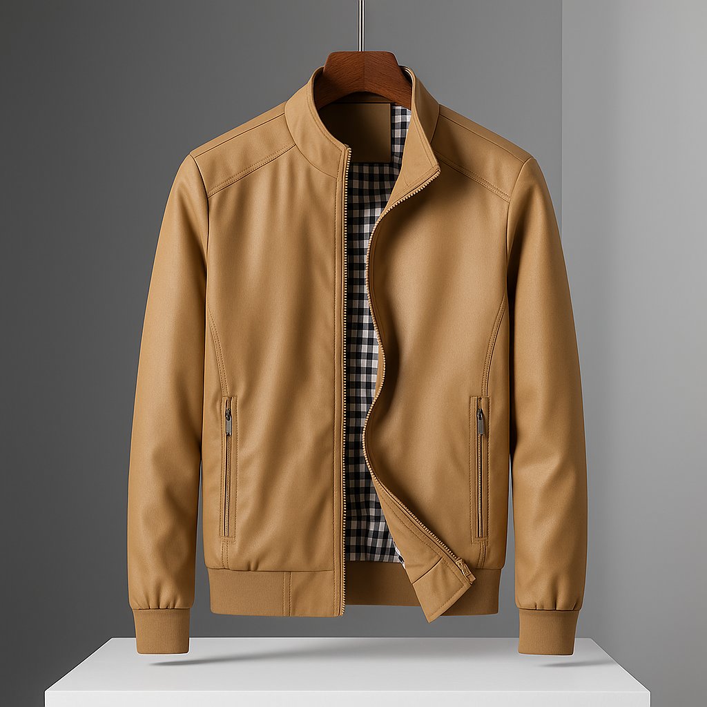 Men's Faux Leather Bomber Jacket - Khaki