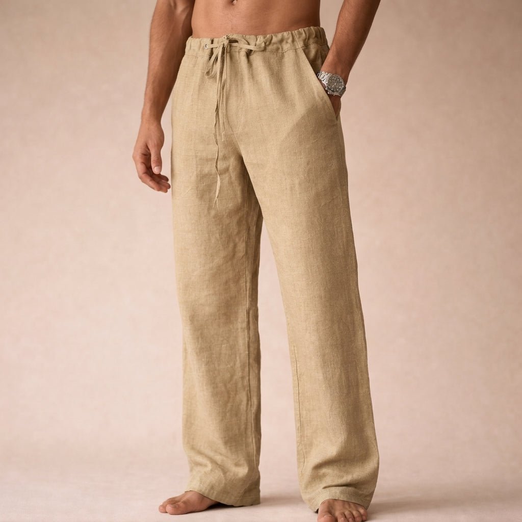 Men's Linen Drawstring Trousers - Cream