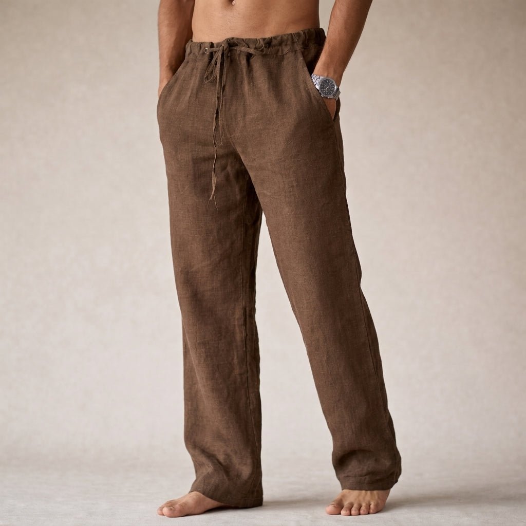 Men's Linen Drawstring Trousers - Brown